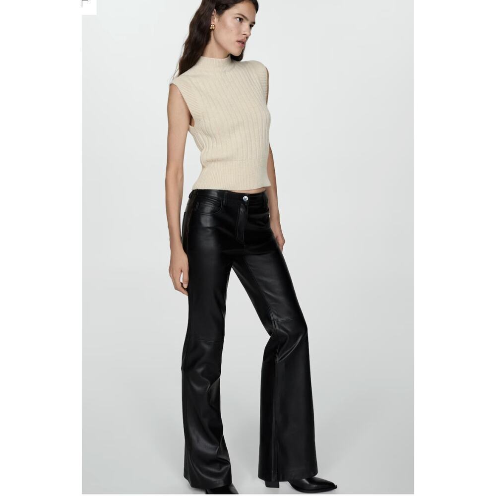 Mango Black Faux Leather Flared Trousers Sz 4 - Picture 1 of 15